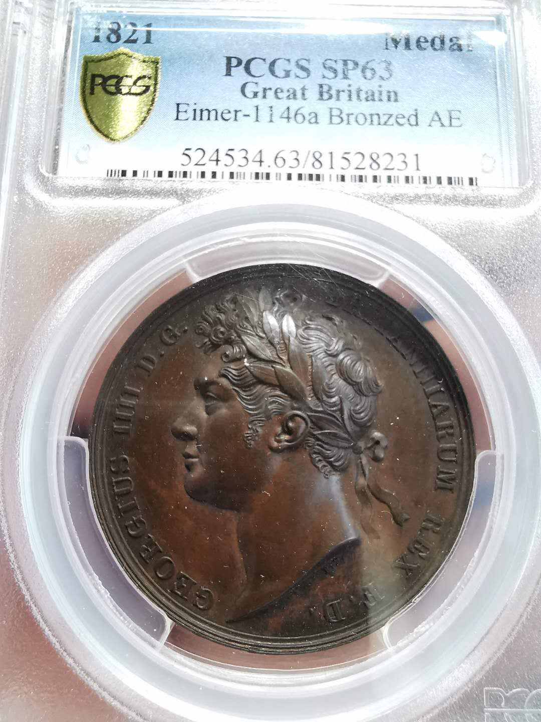 凡希社世界钱币微拍第一百四十四期 荐！1821英国乔四加冕纪念铜章PCGS-SP63