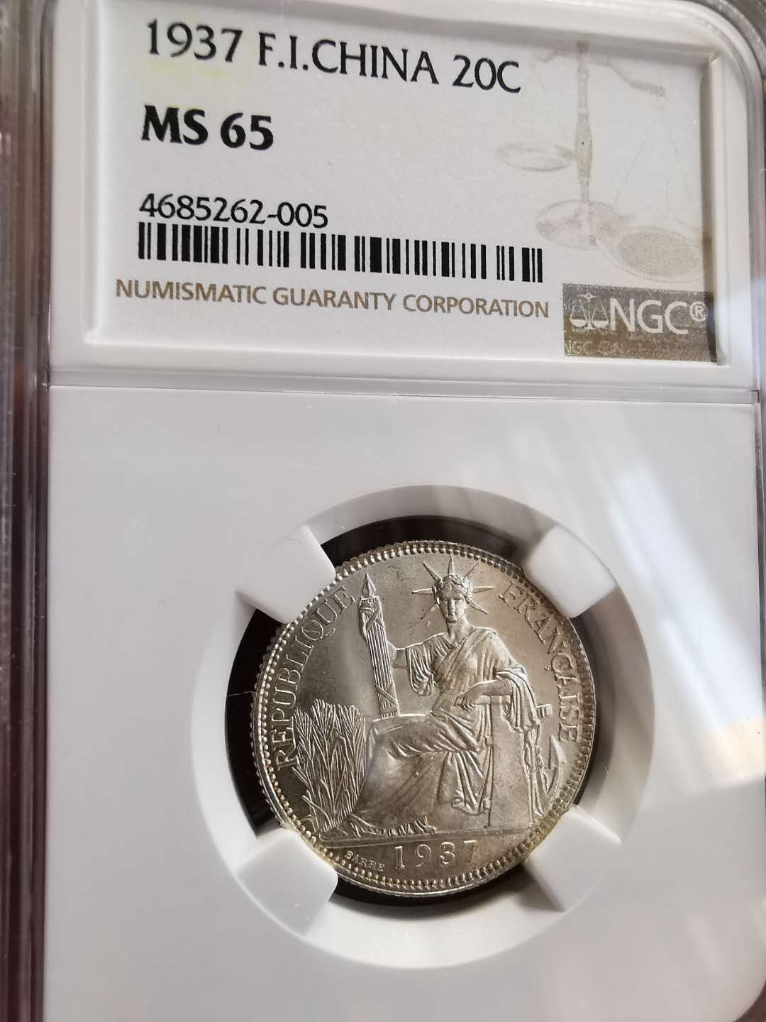 凡希社世界钱币微拍第一百四十四期 1937法属印度支那20分NGC-MS65