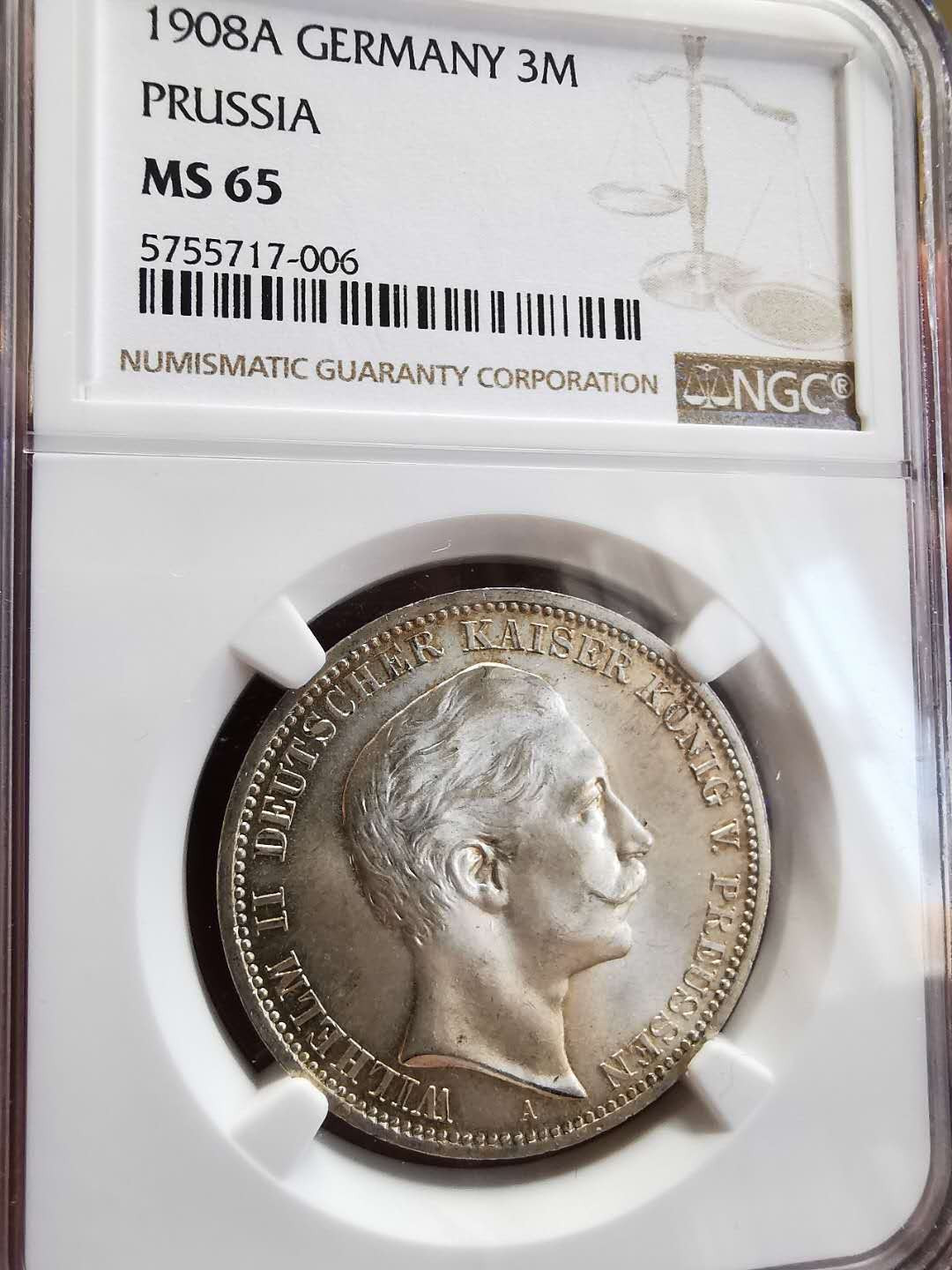 凡希社世界钱币微拍第一百四十四期 1908普鲁士三马克NGC-MS65粉光