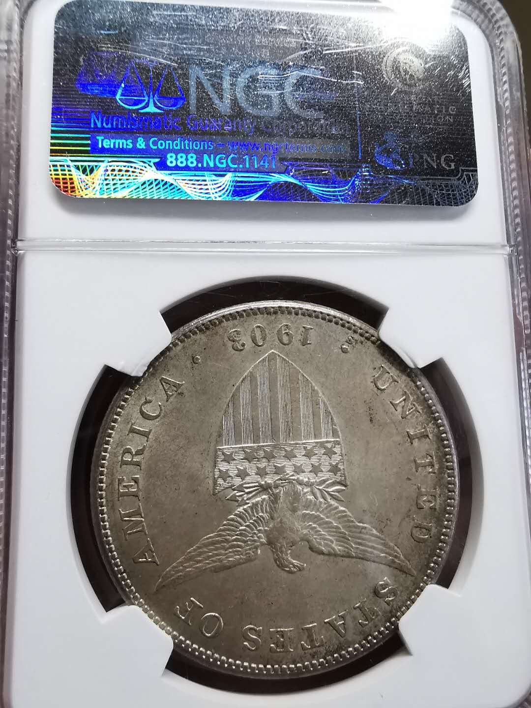 凡希社世界钱币微拍第一百四十四期 稀！1903美属菲律宾比索大样NGC-MS63淡彩包浆！