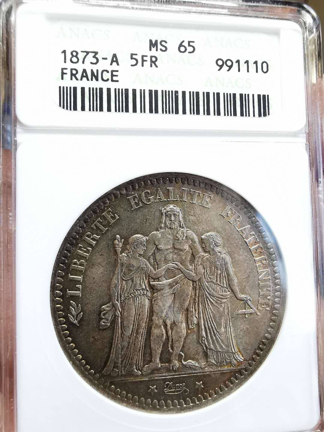 凡希社世界钱币微拍第一百四十四期 1873法国大力神5法郎ANACS-MS65绚烂包浆！