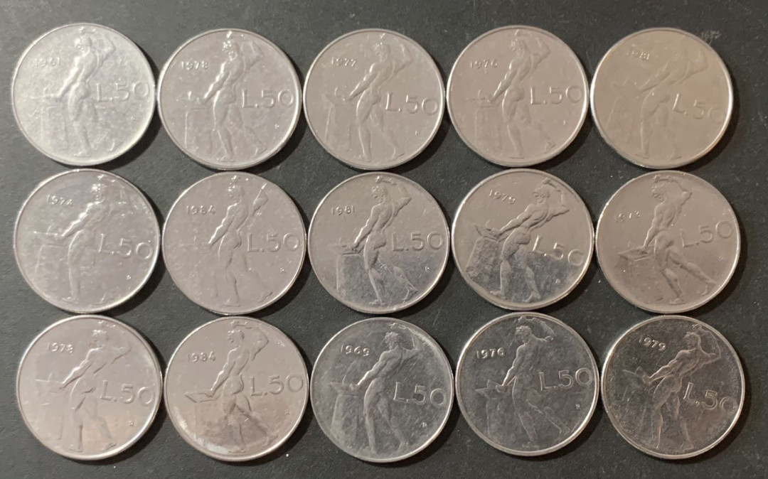 紫瑗钱币—微拍第124期  意大利 欧元前流通币 50里拉 大版 15枚一组