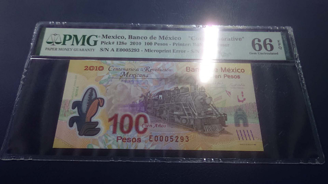 【囧羊收藏】精选微拍第9期 世界钱币精选 2010年墨西哥100元塑料纪念钞 PMG66E
