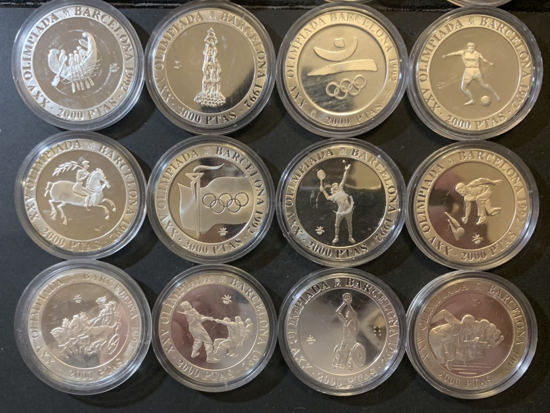 紫瑗钱币—微拍第124期  西班牙 1992年 巴塞罗那奥运会 2000比塞塔 16枚大全套 共432克 0.925银 精制