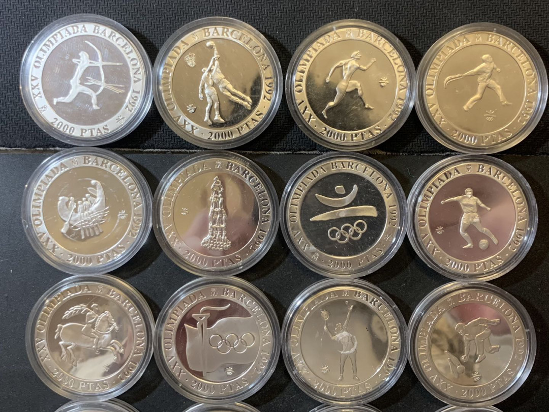 紫瑗钱币—微拍第124期  西班牙 1992年 巴塞罗那奥运会 2000比塞塔 16枚大全套 共432克 0.925银 精制