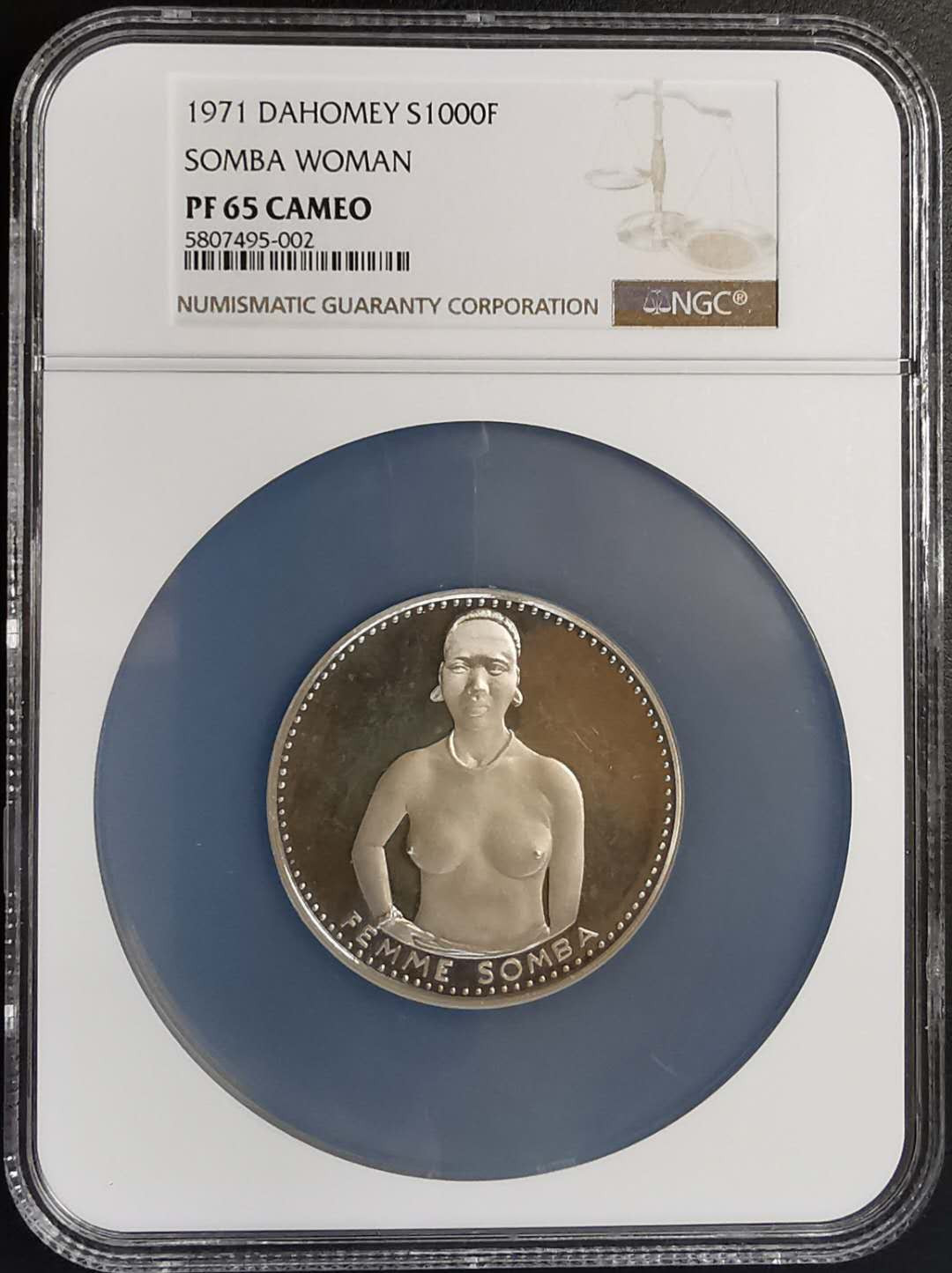 凡希社世界钱币微拍第一百四十四期 1971达荷美松巴妇女1000法郎大银NGC-PF65CAMEO带盒证