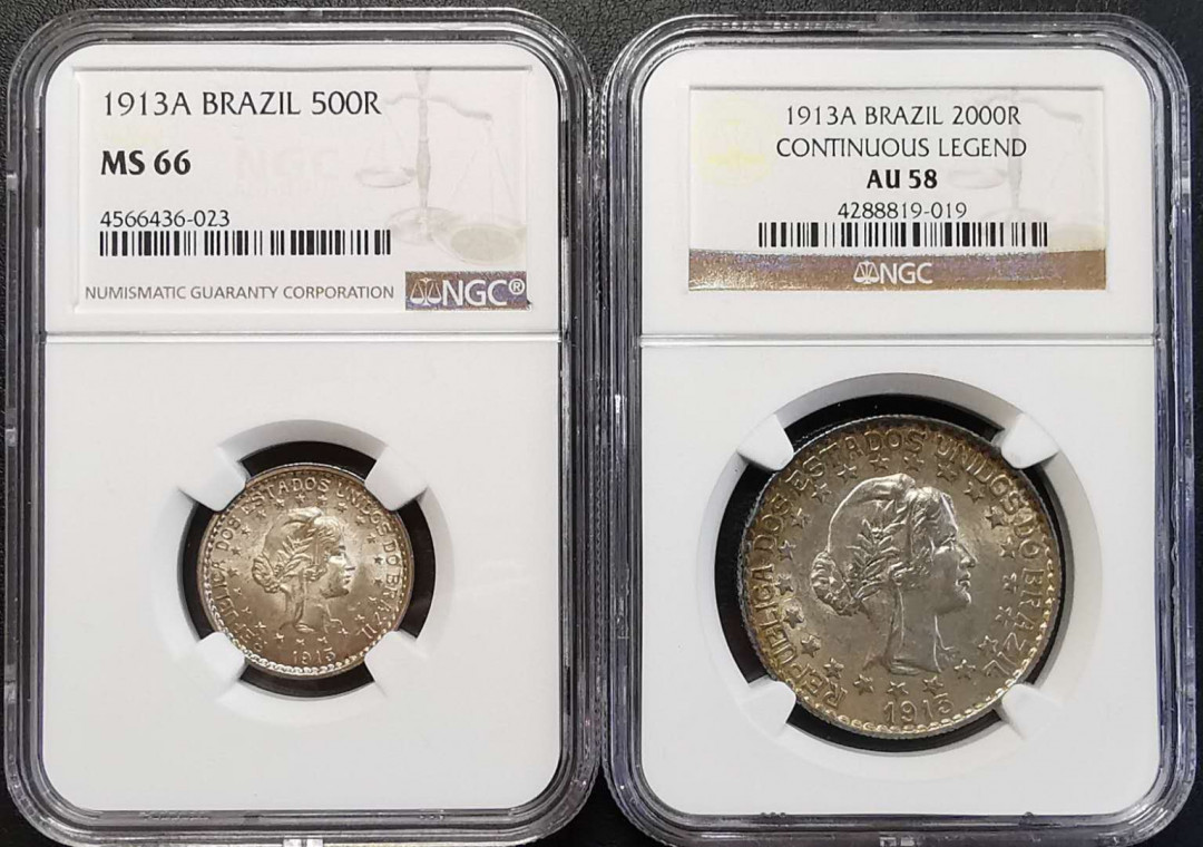 凡希社世界钱币微拍第一百四十四期 1913巴西女神像银币一对NGC-66/58