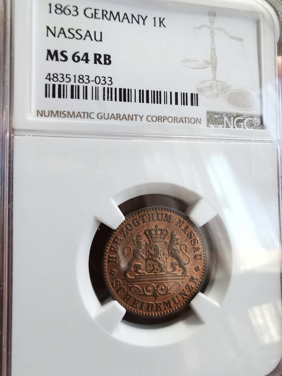 凡希社世界钱币微拍第一百四十四期 1863拿骚1K铜 NGC-MS64