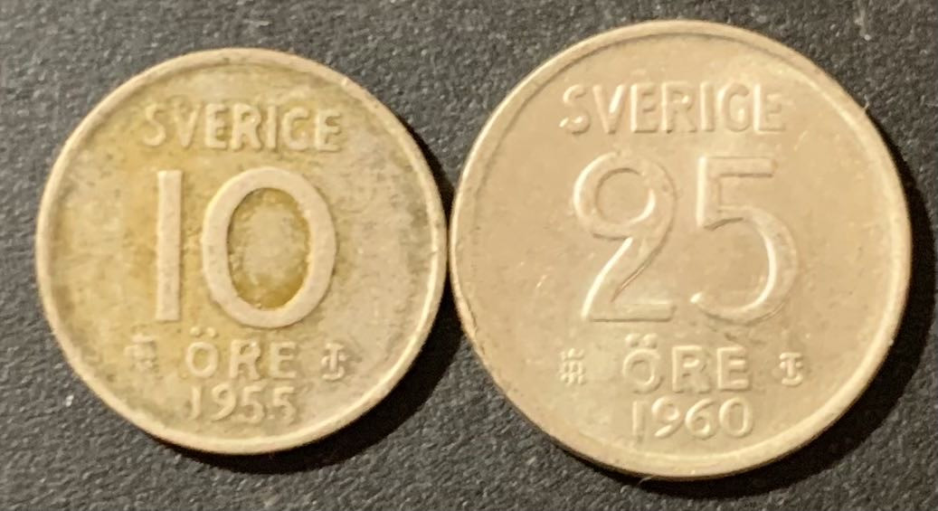 紫瑗钱币—微拍第124期  瑞典 1955 1960年 10 25欧尔 银币 2枚一组