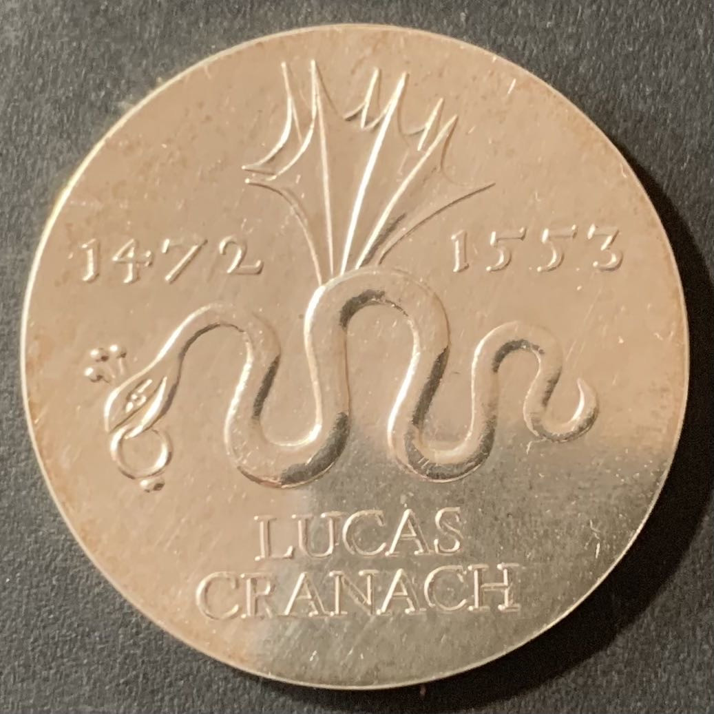紫瑗钱币—微拍第124期  东德 1972年 卢卡斯·克拉纳赫诞辰500周年 20马克 20.9克 0.625银