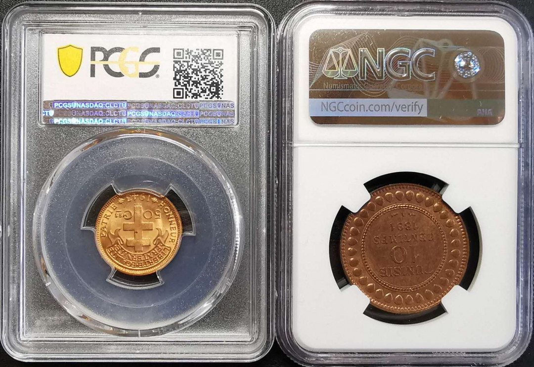 凡希社世界钱币微拍第一百四十四期 1943法属赤道非洲公鸡50分PCGS-MS65/突尼斯10分铜NGC-UNCD
