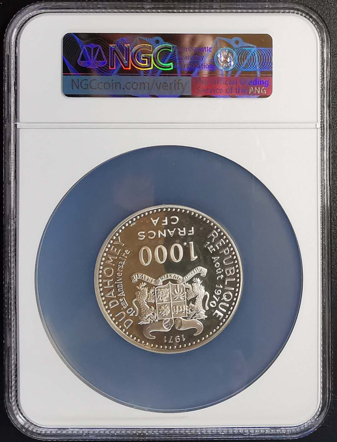 凡希社世界钱币微拍第一百四十四期 1971达荷美松巴妇女1000法郎大银NGC-PF65CAMEO带盒证