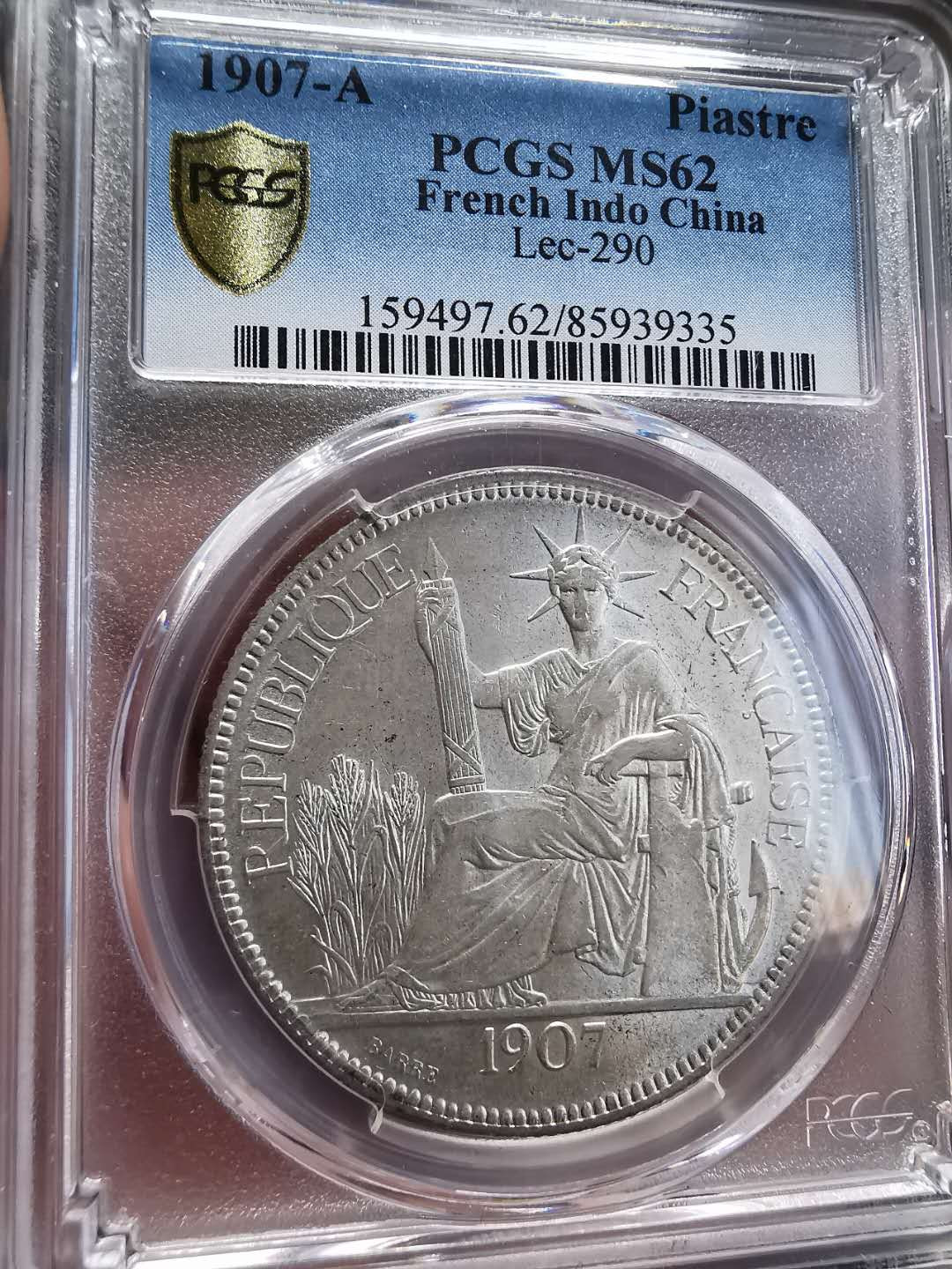 凡希社世界钱币微拍第一百四十四期 荐！1907法属印度支那皮亚斯特PCGS-MS62原银光！
