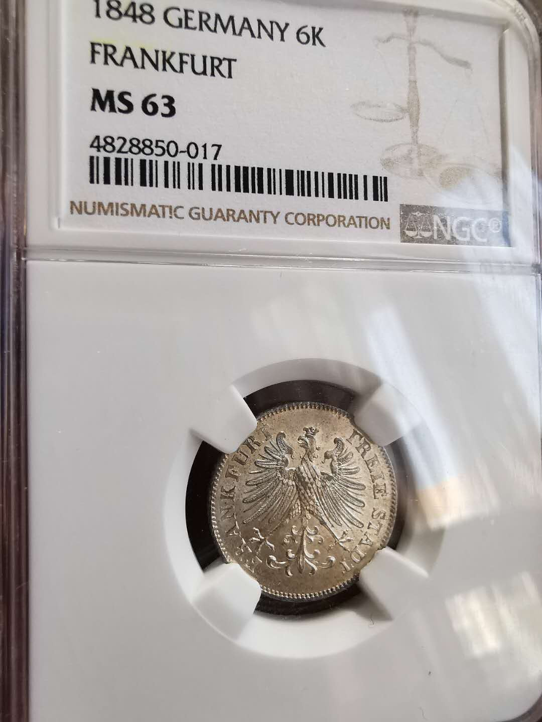 凡希社世界钱币微拍第一百四十四期 1848法兰克福6K银NGC-MS63