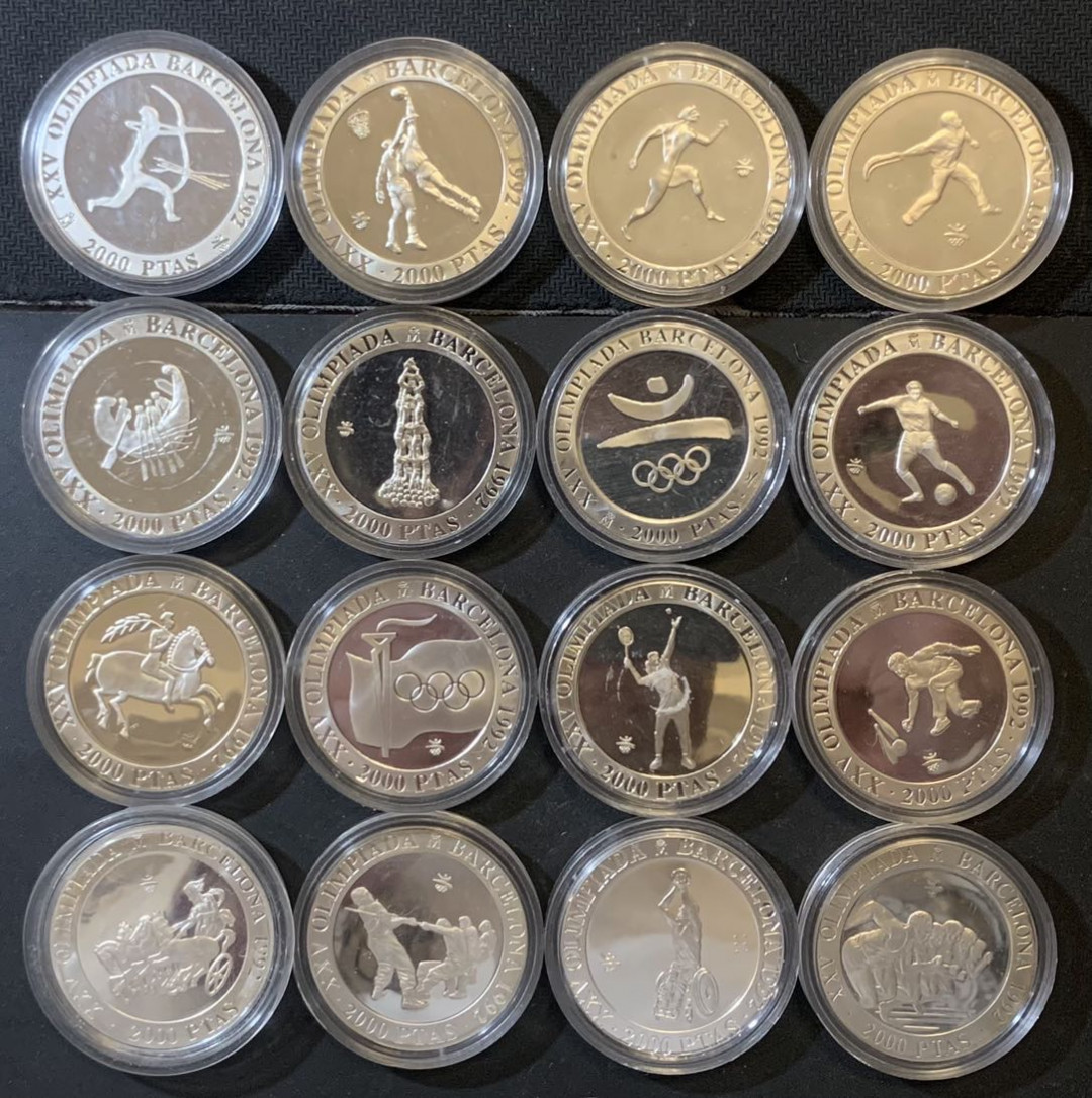 紫瑗钱币—微拍第124期  西班牙 1992年 巴塞罗那奥运会 2000比塞塔 16枚大全套 共432克 0.925银 精制