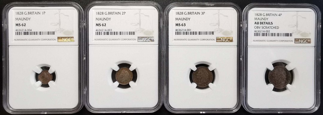 凡希社世界钱币微拍第一百四十四期 1828英国乔四濯足币四枚NGC