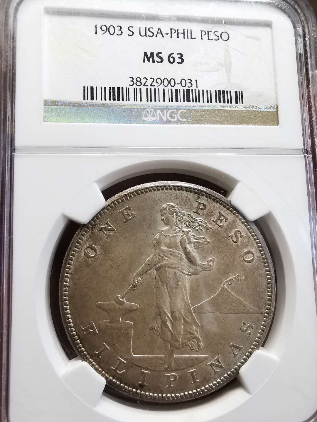 凡希社世界钱币微拍第一百四十四期 稀！1903美属菲律宾比索大样NGC-MS63淡彩包浆！