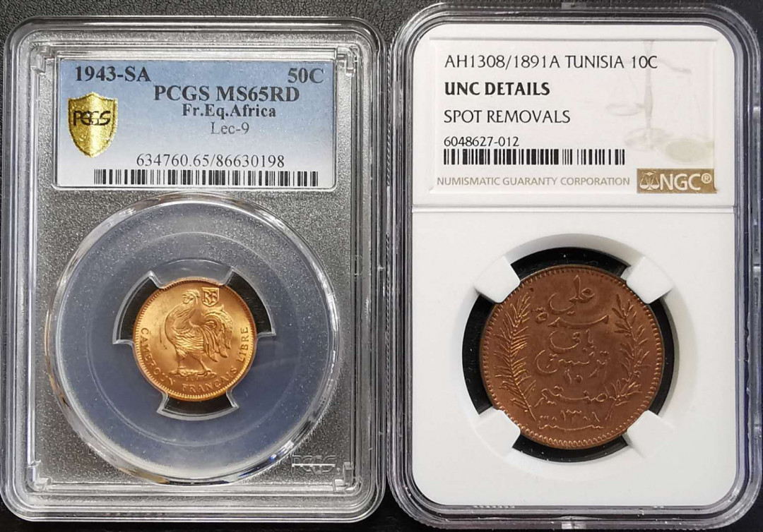 凡希社世界钱币微拍第一百四十四期 1943法属赤道非洲公鸡50分PCGS-MS65/突尼斯10分铜NGC-UNCD