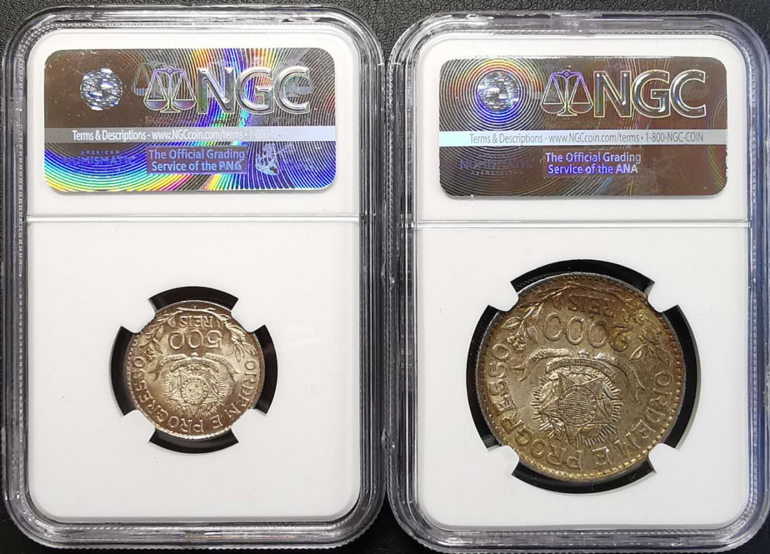 凡希社世界钱币微拍第一百四十四期 1913巴西女神像银币一对NGC-66/58