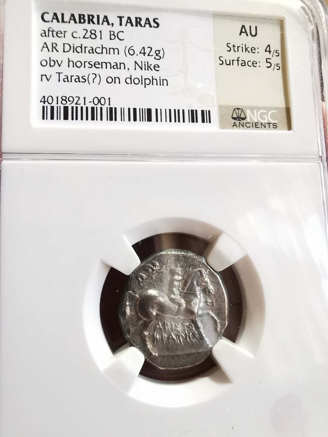 凡希社世界钱币微拍第一百四十四期 荐！281BC古希腊卡拉布里亚塔拉斯2德银NGC-AU背海豚
