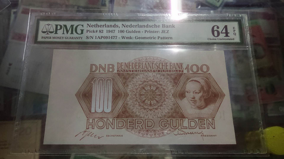 【囧羊收藏】精选微拍第9期 世界钱币精选 1947年荷兰100盾 PMG64E（左右明显异常偏离导致没其他毛病）
