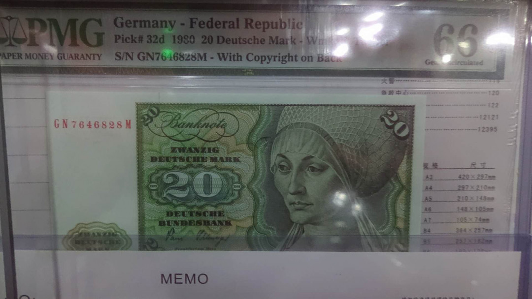 【囧羊收藏】精选微拍第9期 世界钱币精选 1980年德国20马克 PMG66E 全新绝品尾8