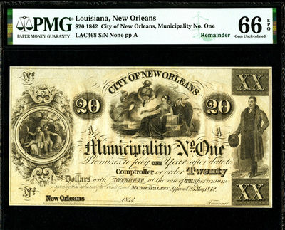 【Blue Auction】世界纸币精拍第49期—— 辞旧迎新（共49拍） - 美国 1842年 早期 20美金 超大票幅 雕刻非常精美 PMG66EPQ 稀少 天使 裸女