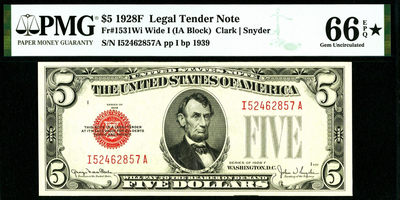 【Blue Auction】世界纸币精拍第49期—— 辞旧迎新（共49拍） - 美国 1928年5美金 PMG66EPQ 星星 仅2张 非常难评 林肯 精美