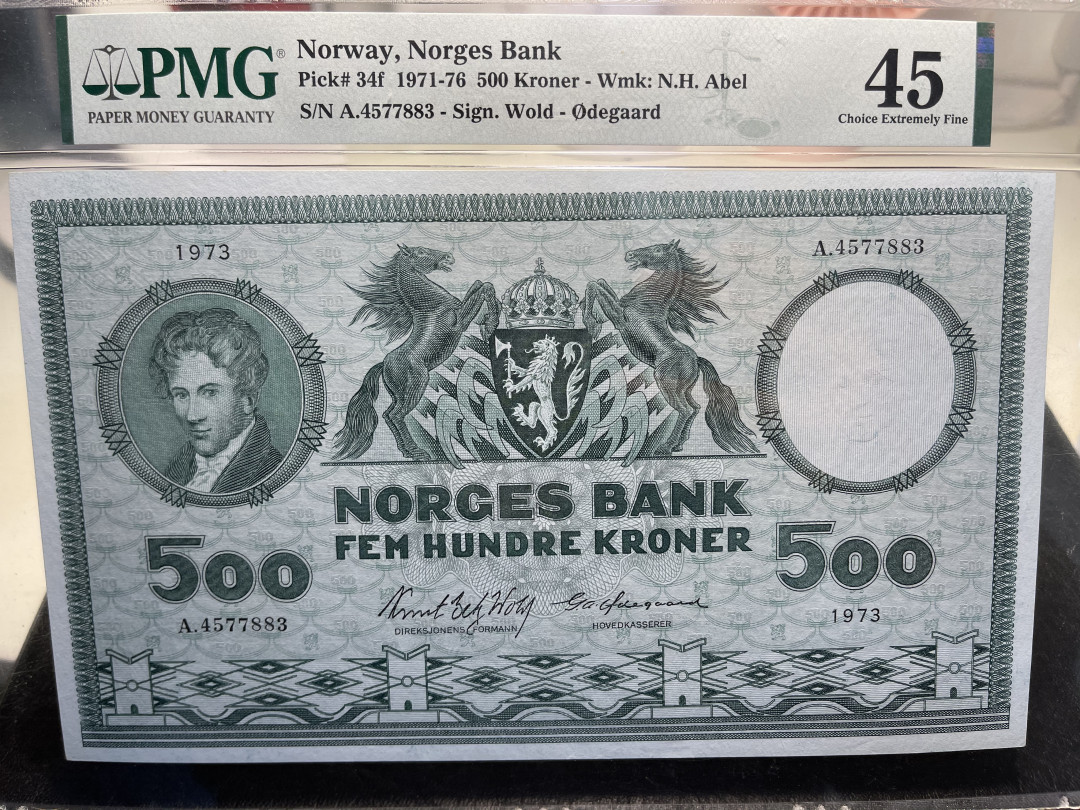 《外钞收藏家》第九十五期拍卖 挪威1973年500  pmg45 超大尺寸 稀少