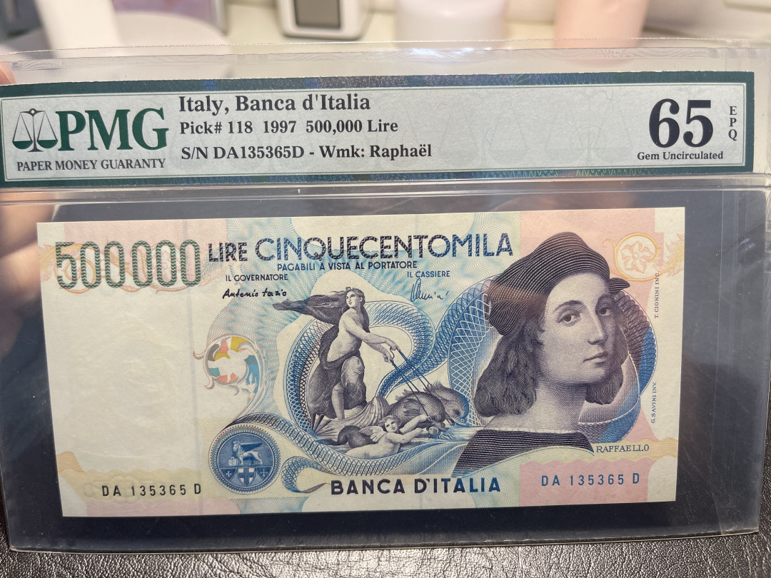 《外钞收藏家》第九十五期拍卖 意大利50万里拉 拉斐尔 pmg65