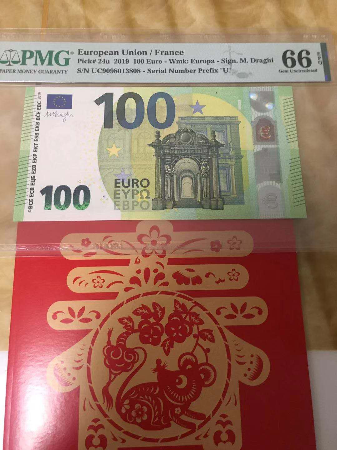 【鲸贝乐淘】千字文·第“桓公匡合，济弱扶倾”号拍卖 【欧元💶 】2019年100欧，法国版，PMG66E 