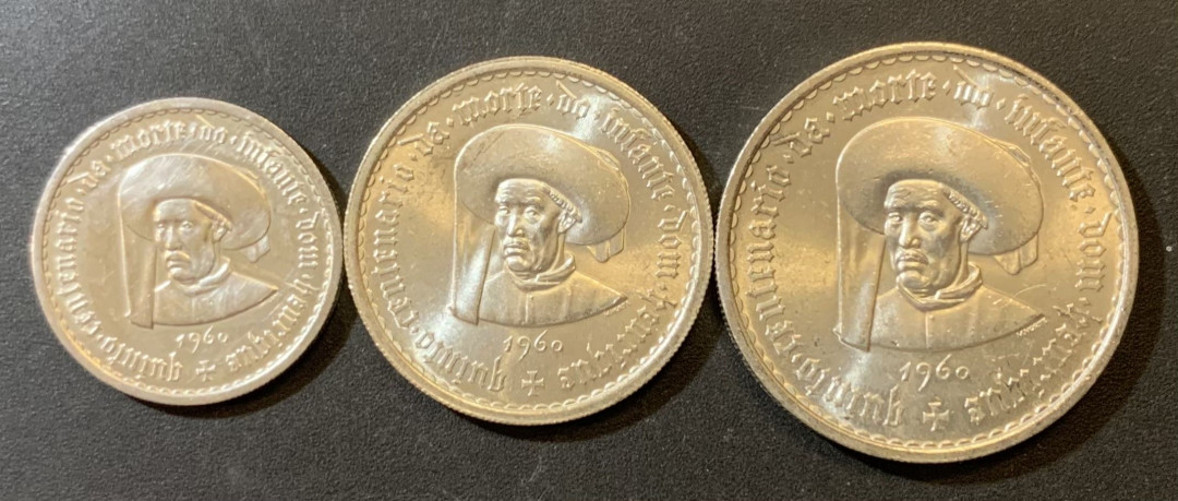 紫瑗钱币—微拍第125期  葡萄牙 1960年 亨利王子500周年  5 10 20埃斯库多 三枚一套 共40.5克 0.835银 UNC