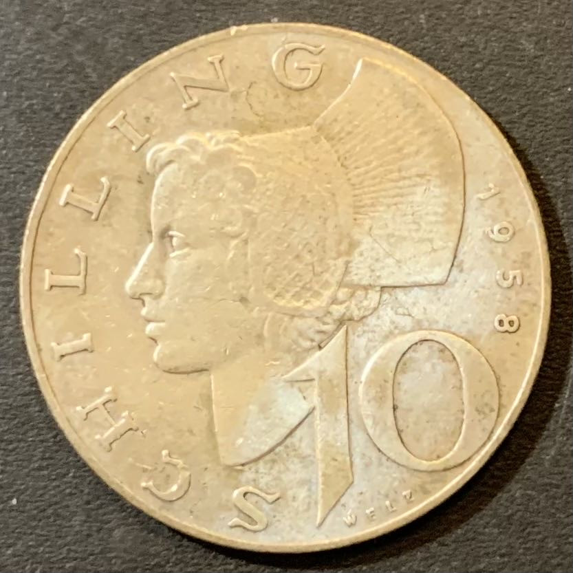 紫瑗钱币—微拍第125期  奥地利 1958年 女神 10先令 7.5克 0.64银