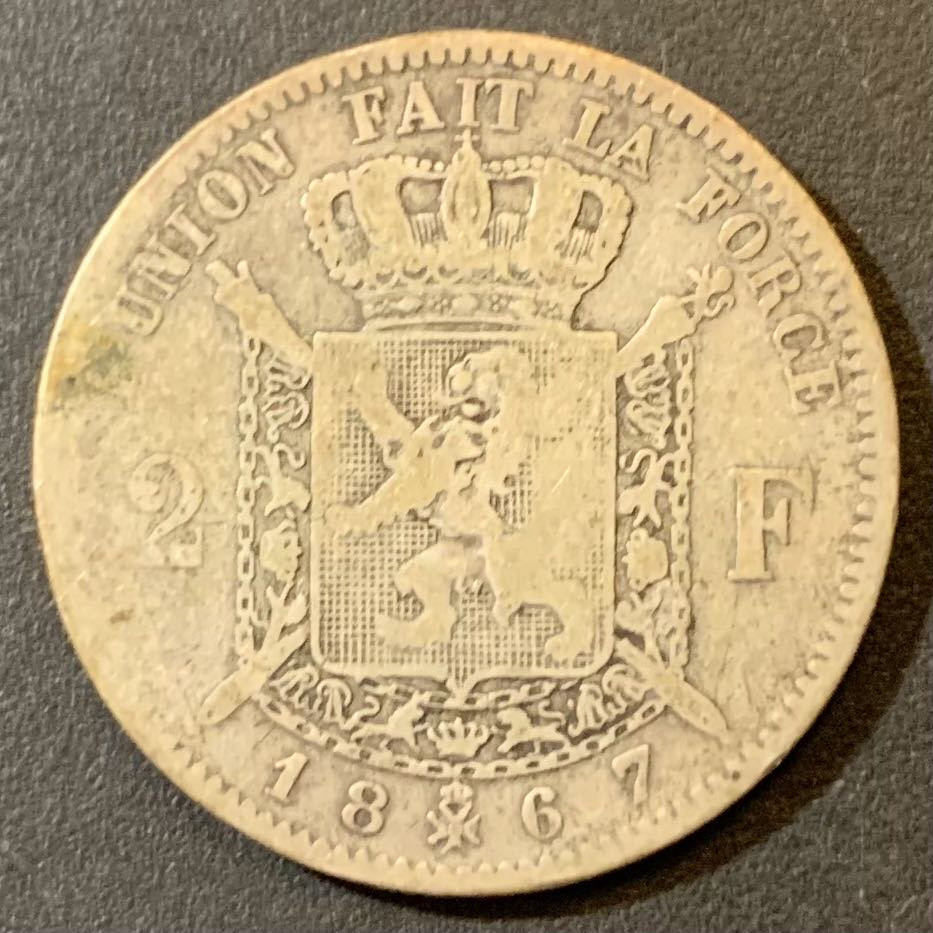 紫瑗钱币—微拍第125期  比利时 1867年 利奥波德二世 2法郎 10克 0.835银