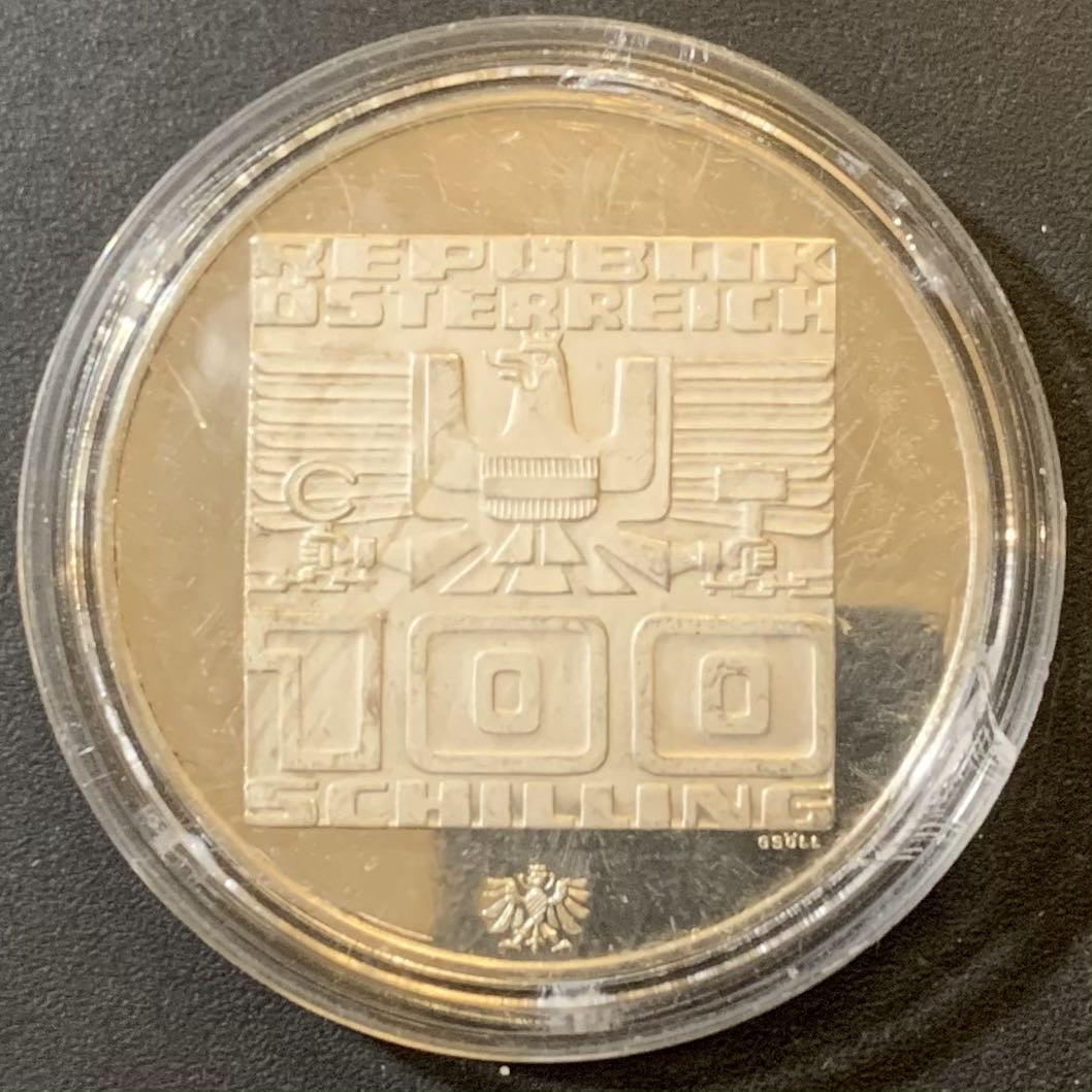 紫瑗钱币—微拍第125期  奥地利 1976年 因斯布鲁克冬奥运 滑雪 100先令 24克 0.64银 精制