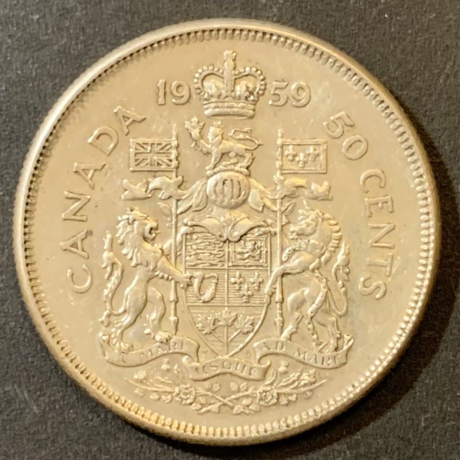 紫瑗钱币—微拍第125期  加拿大 1959年 伊丽莎白二世 国徽 50分 11.67克 0.8银