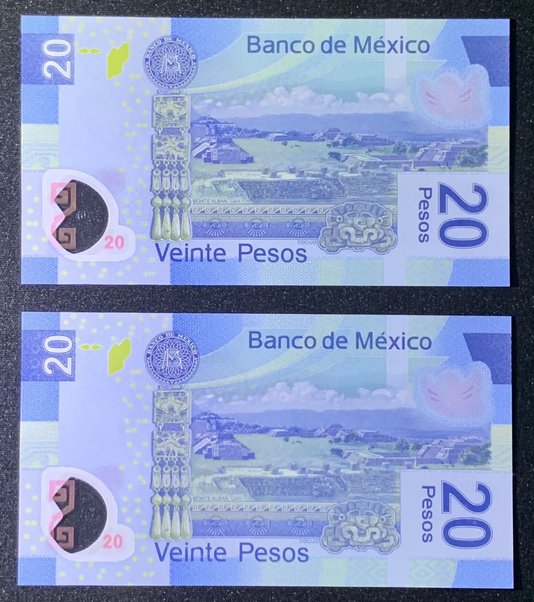 紫瑗钱币—微拍第126期—纸币场 墨西哥 2016年  20比索 塑料币 AA系列A冠 首发 UNC  2枚一组
