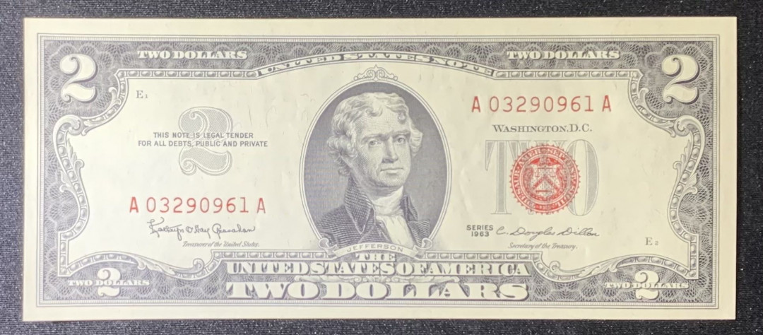 紫瑗钱币—微拍第126期—纸币场 美国 1963年 2美元 红印 UNC