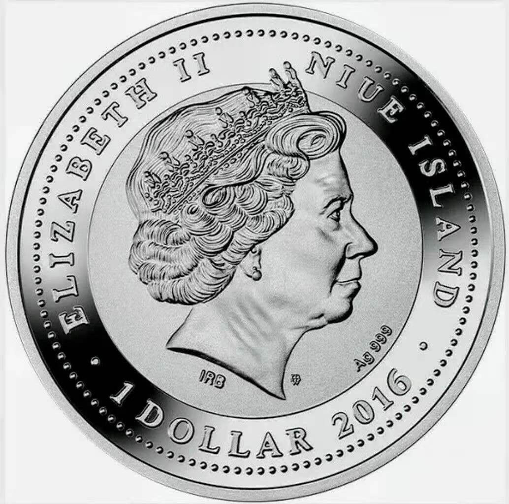 【币观天下】第134场拍卖【元旦场】  纽埃2016年1元，中国猴年生肖吉运银币“耳聪目明-“银丝大耳猴”萌宝”浮雕、镀金、磨砂数字打印精制艺术银币