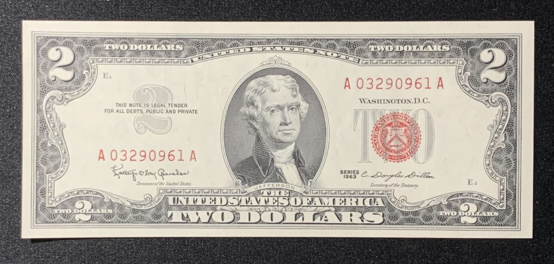 紫瑗钱币—微拍第126期—纸币场 美国 1963年 2美元 红印 UNC