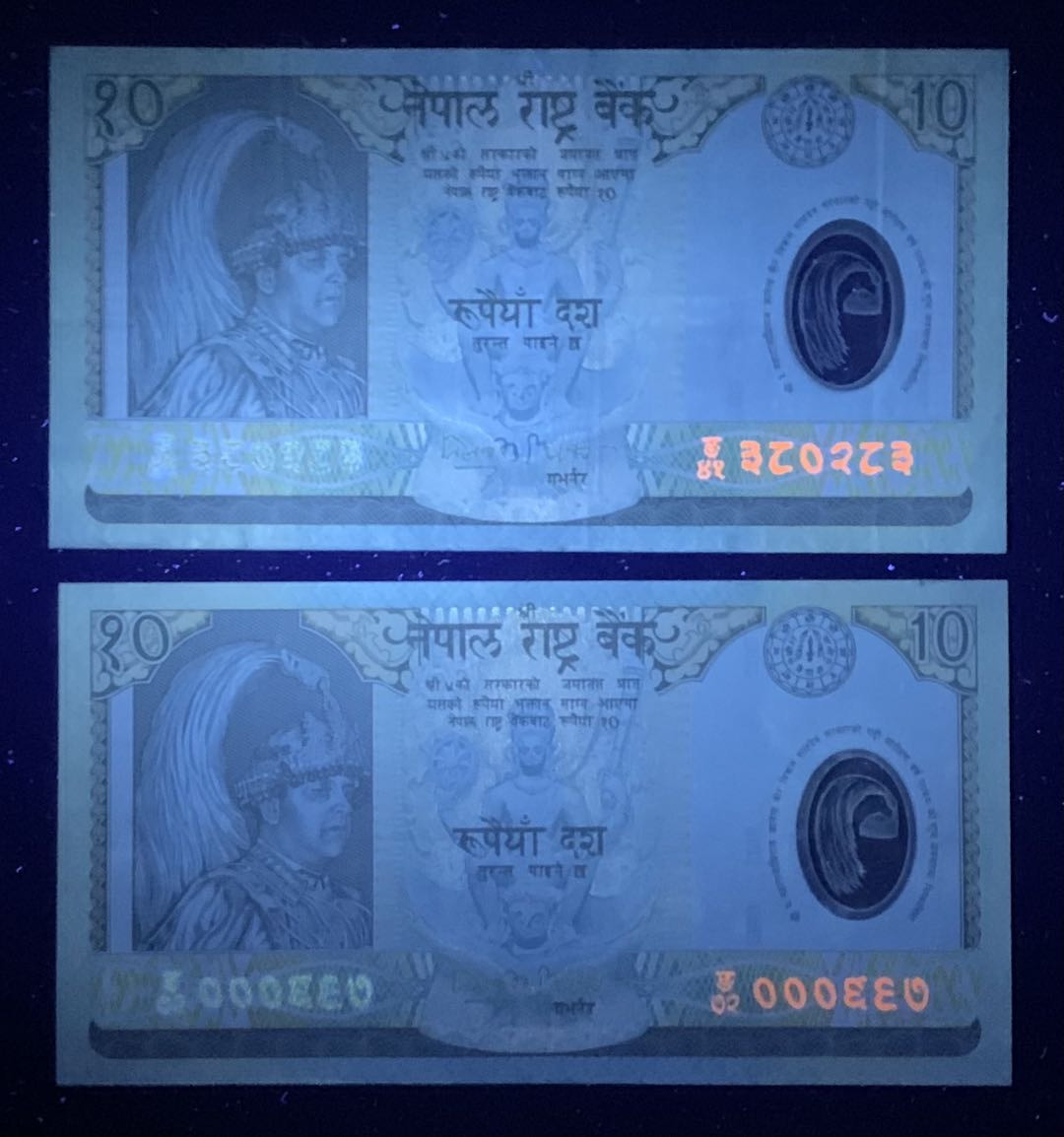 紫瑗钱币—微拍第131期—纸币场 尼泊尔 2005年 中央银行 贾南德拉国王 10卢比 一张UNC一张流通品 2枚一组 （P-54）