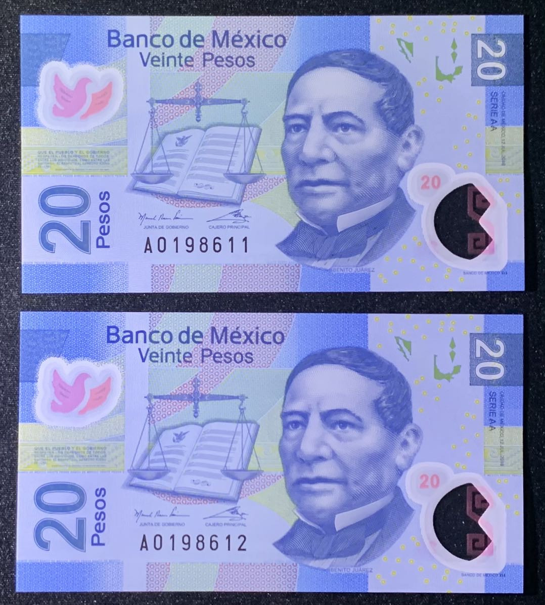 紫瑗钱币—微拍第126期—纸币场 墨西哥 2016年  20比索 塑料币 AA系列A冠 首发 UNC  2枚一组