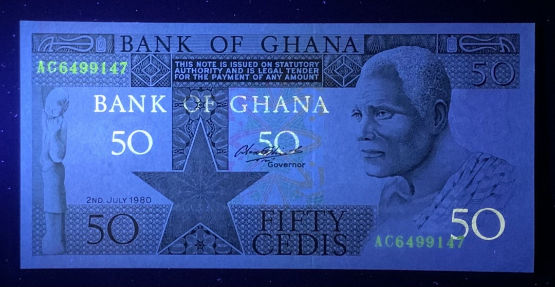 紫瑗钱币—微拍第126期—纸币场 加纳  1979—1980年 土著人 50塞地 UNC (P-22)