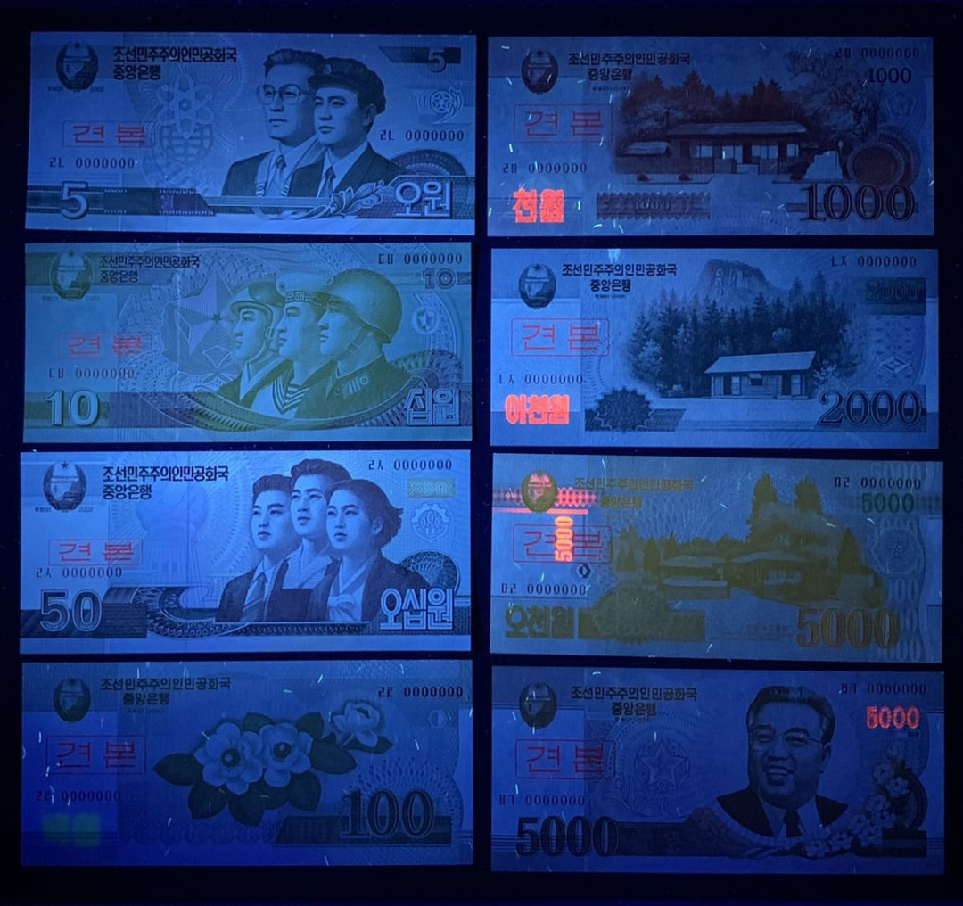 紫瑗钱币—微拍第131期—纸币场 朝鲜 90年代 5—5000圆 8枚套 样币 UNC