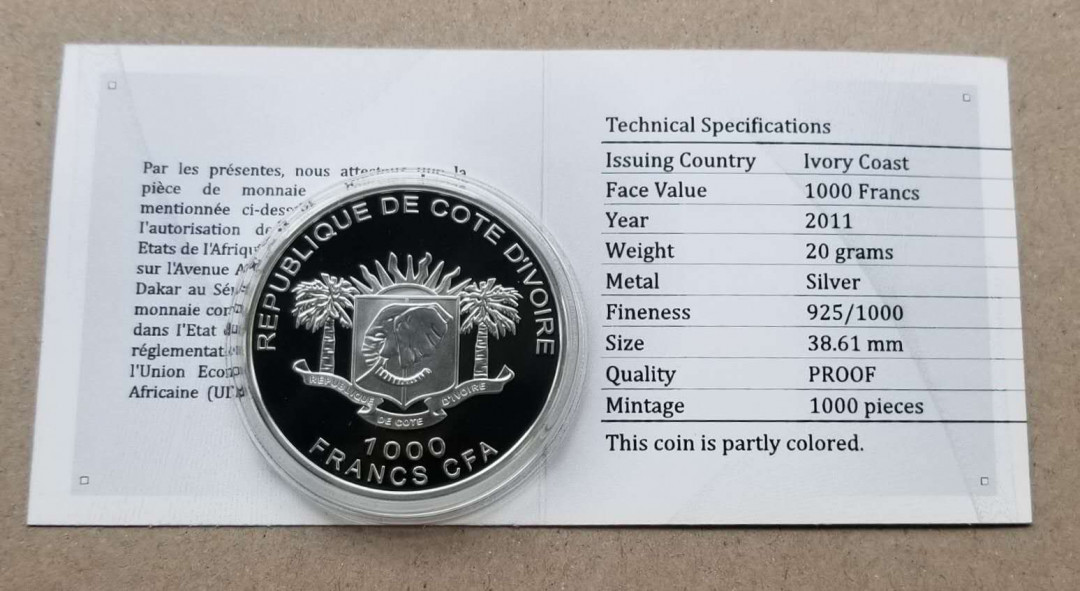 【币观天下】第134场拍卖【元旦场】 科特迪瓦2011年剑齿虎彩色银币