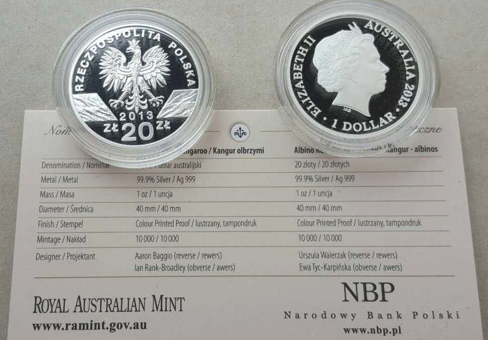 【币观天下】第134场拍卖【元旦场】 澳洲波兰2013年袋鼠彩色银币两枚  两国联合发行