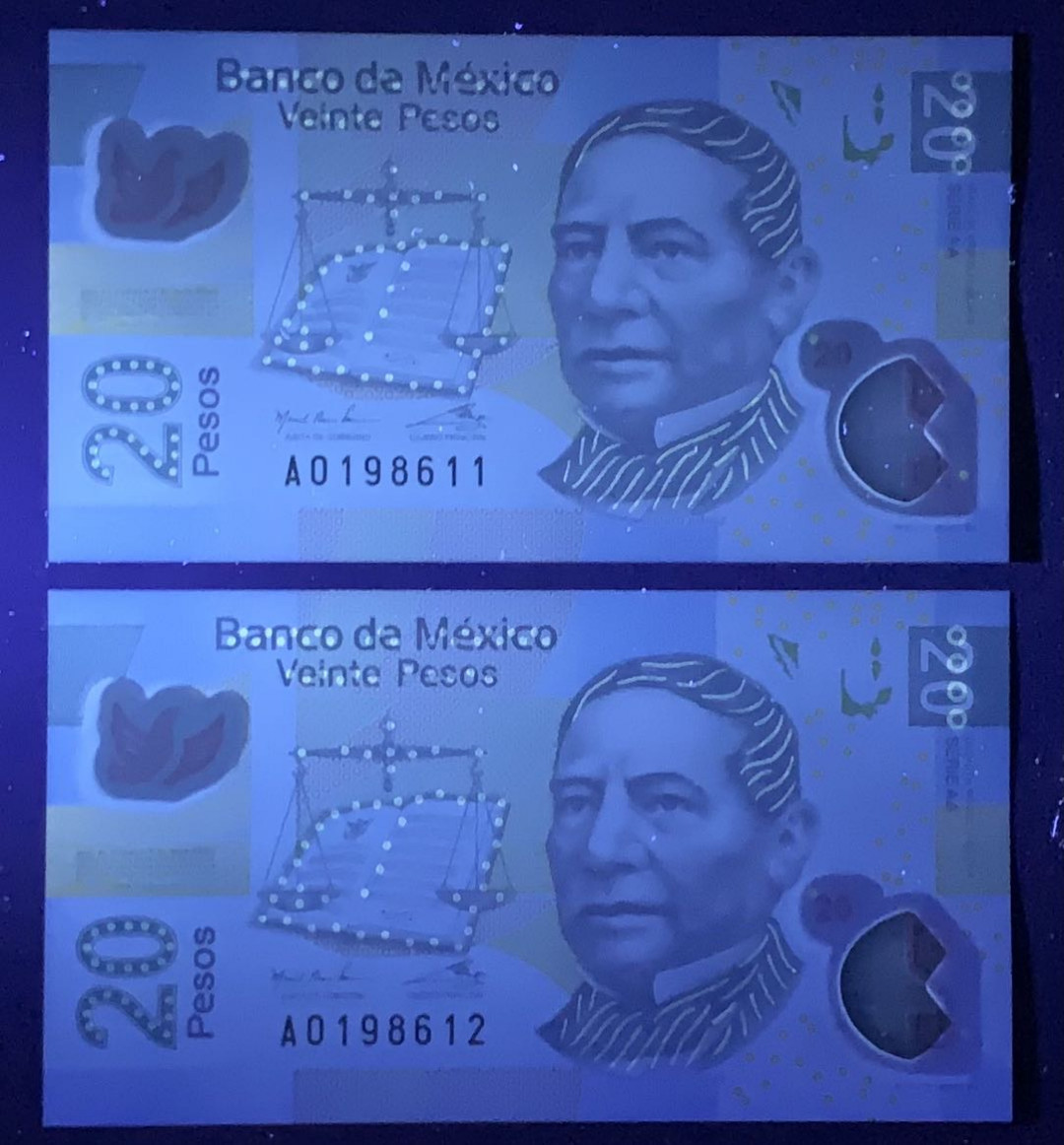 紫瑗钱币—微拍第126期—纸币场 墨西哥 2016年  20比索 塑料币 AA系列A冠 首发 UNC  2枚一组