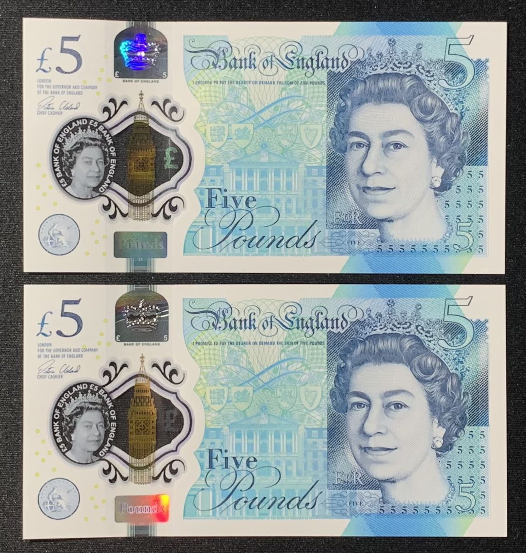 紫瑗钱币—微拍第126期—纸币场 英国 2015年 丘吉尔 5英镑 塑料钞 UNC 2枚一组 （353588 353589）好号