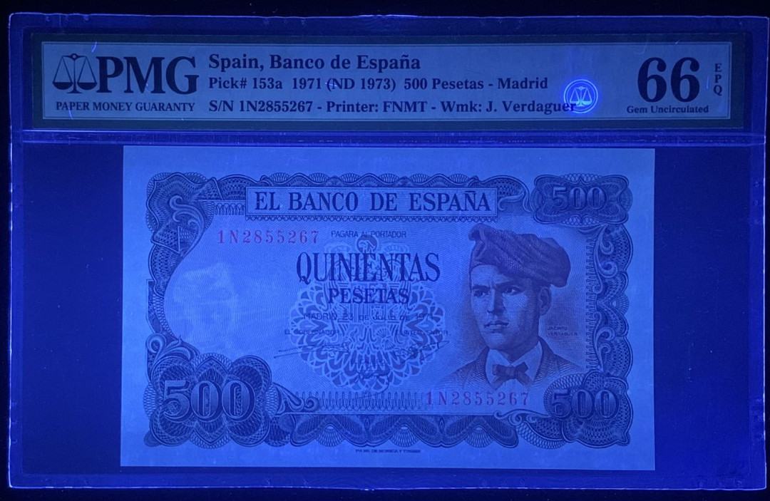 紫瑗钱币—微拍第126期—纸币场 西班牙 1971年 (1973) 维达格尔 500比塞塔 PMG 66 EPQ （P-153a）