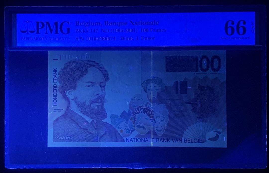 紫瑗钱币—微拍第126期—纸币场 比利时 1995-2001年 詹姆斯恩索 100法郎 PMG 66 EPQ （P-147）